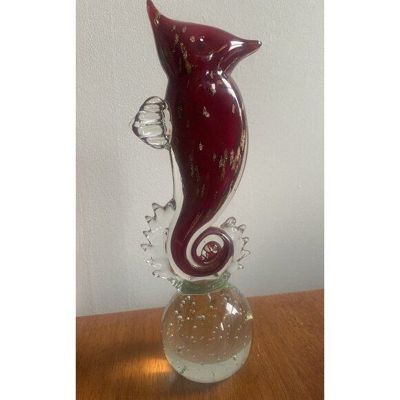 MURANO GOLD FLECK RED GLASS LARGE SEAHORSE SCULPTURE BUBBLE BULLICANTE 11" - Picture 2 of 11